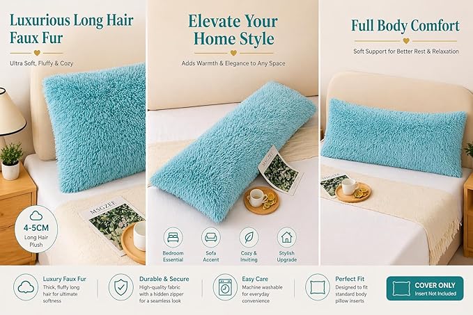 Reafort Luxury Faux Fur Body Pillow Cover 21" x 54", Long Hair PV Plush Body Pillow Case with Hidden Zipper Closure, Ultra Soft Fluffy Decorative Long Pillow Cover (Aqua, Body)