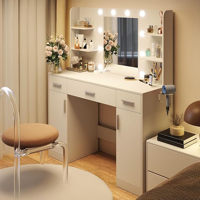 DUMOS Vanity Desk Makeup with Mirror LED Lights, Table with Power Outlet 3 Drawer, 4 Storage Shelves & 2 Cabinets, 3 Lighting Modes & Adjustable Brightness, Dressing Tables for Bedroom, White