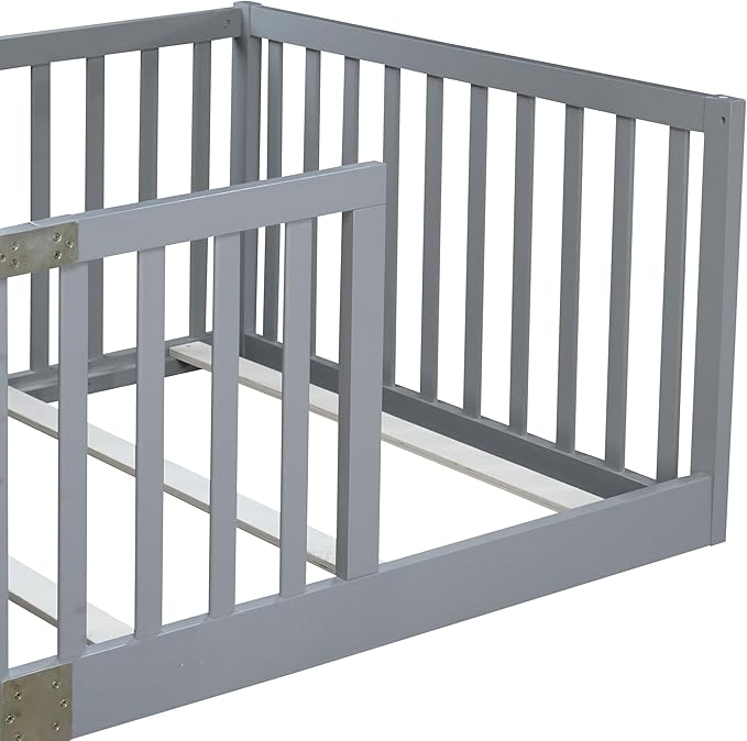 Bellemave Twin Size Montessori Floor Bed with 21.5" High Rails, Rubber Wood Twin Floor Bed with Slats, Gray