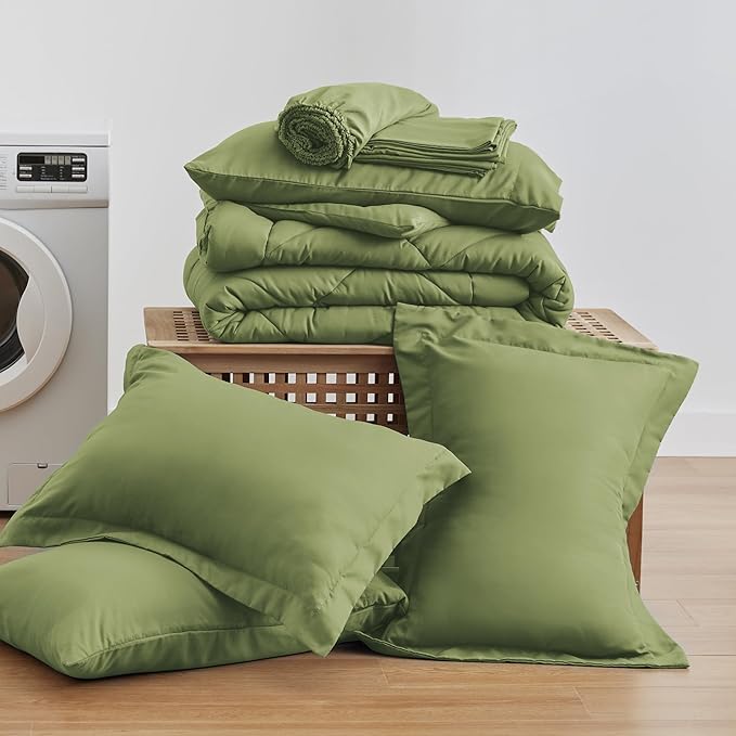 Love's cabin California King Comforter Set Olive Green, 7 Pieces California King Bed in a Bag, All Season Bedding Sets with 1 Comforter, 1 Flat Sheet, 1 Fitted Sheet, 2 Pillowcase and 2 Pillow Sham | Soft, Breathable, Lightweight, Comfortable
