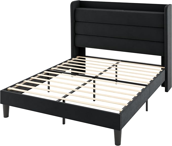 Allewie Queen Size Upholstered Bed Frame with Charging Station & Storage Headboard, Soft Velvet Wingback Platform Bed, Strong Wooden Slats Support, No Box Spring Needed, Easy Assembly, Black