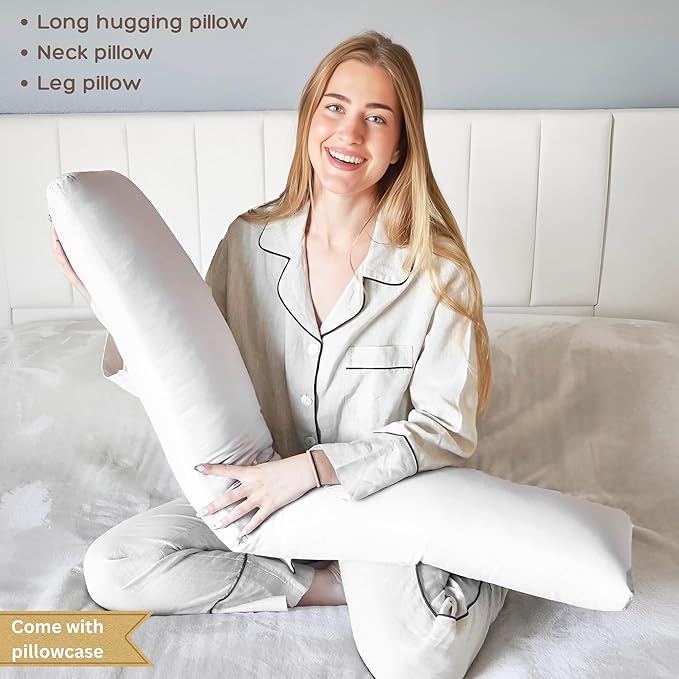 Body Pillow for Side Sleeper, 9x48 Inches Full Body Pillow with Cover, Made with Soft Material and Filled with Polyester for Adults, Adjustable Inner Core, (Pillow with Color Pillow)