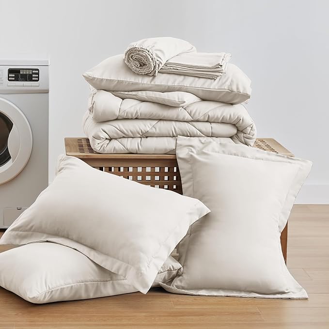 Love's cabin California King Comforter Set Off White, 7 Pieces California King Bed in a Bag, All Season Bedding Sets with 1 Comforter, 1 Flat Sheet, 1 Fitted Sheet, 2 Pillowcase and 2 Pillow Sham | Soft, Breathable, Lightweight, Comfortable