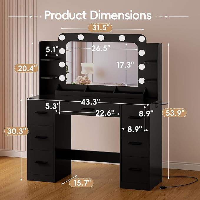 Furmax Vanity Desk with Hollywood Style Mirror with LED Lights, Makeup Table Vanity with 2 AC Outlets and1 USB&1 Type-C Port, Adjustable Lighting, Modern Ample Storage Drawers Dressing Table (Black)