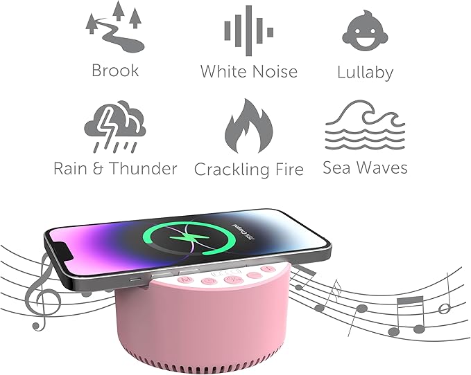 InnoVibeSound Machine with Wireless Charger & Bluetooth Speaker – White Noise Sleep Aid with Memory Function, 6 Soothing Sounds, 3 Timer Modes – Compact Bedside Relaxation Device, Pink