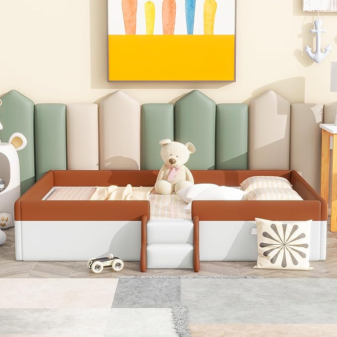 Merax Full Size Daybed Frame with Fence and Stairs, Upholstered Wood Bed for Living Room, Floor Bed, White+Brown