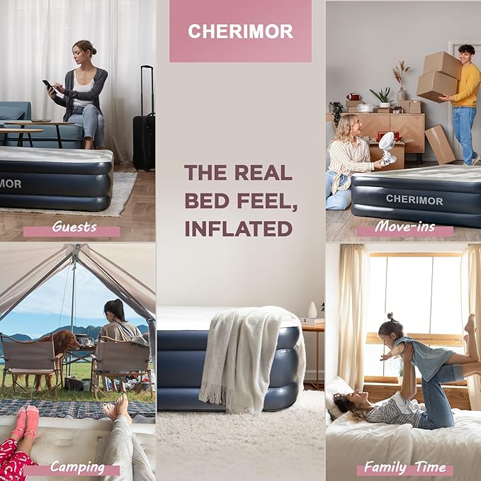 CHERIMOR Twin XL Air Mattress with Built in Pump, 18" Raised Comfort, 21-Coil Honeycomb Support & 550lb Capacity, Reinforced PVC, 2-Min Inflation Inflatable Mattress for Guest Room & Sleepover