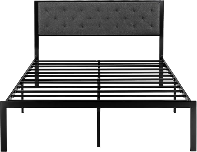SHA CERLIN Queen Size Metal Platform Bed Frame,Linen Upholstered Button Tufted Headboard, Mattress Foundation with 12.4” Under-Bed Storage, Noise-Free, Easy Assembly, No Box Spring Needed, Dark Grey