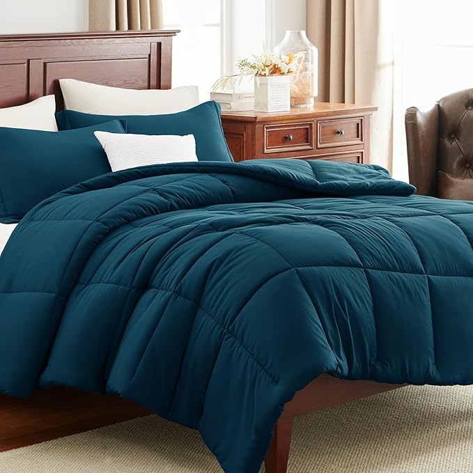 CozyLux Queen Comforter Set - 270GSM Lyons Blue Bedding Sets for All Seasons, 3 Pieces Box Stitched Bed Set with 1 Down Alternative Comforter and 2 Pillow Shams, Soft, Lightweight, Breathable