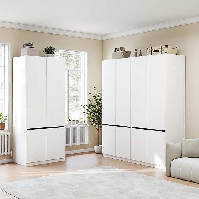 White Armoire Wardrobe Closet: 74" Large Wardrobe Closet with 4 Doors, Wood Closets Cabinet for Hanging Clothes, Freestanding Bedroom Armoires (63 in-4 Doors)