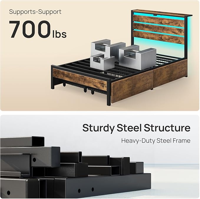 Rolanstar Twin Bed Frame with 4 Drawers, LED Lights and Charging Station, Metal Platform Bed with Storage Headboard, Noise Free, Easy Assembly, No Box Spring Needed, Rustic Brown