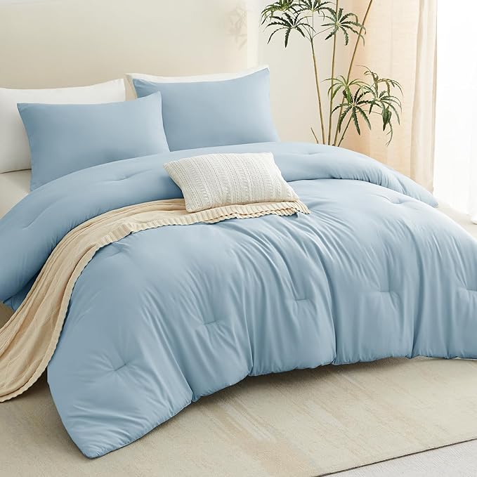 CozyLux King Size Comforter Set Light Blue, 3 Pieces Solid Comforters King Size Breathable Quilted Bedding Sets, Luxury Soft Lightweight Bed Set with Down Alternative Comforter and 2 Pillowcases
