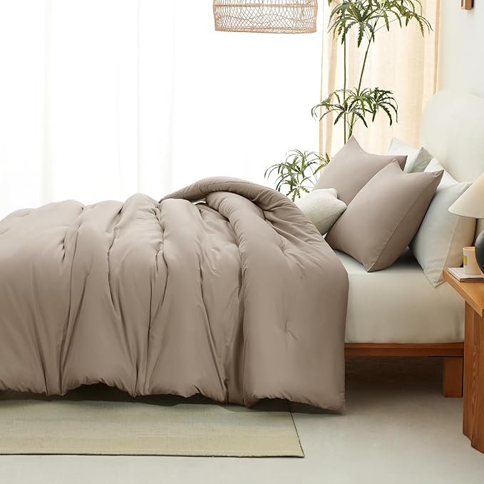 CozyLux Full Size Comforter Set Khaki, 3 Pieces Solid Breathable Quilted Bedding Sets, Luxury Lightweight Soft Bed Set with Down Alternative Comforter and 2 Pillowcases for All Seasons
