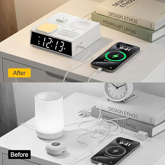 Kungfuking Sound Machine Alarm Clock with 41 White Noise Sounds, 2 USB Chargers Power Strip, Large Dimmable Display Dual Timer Clocks for Bedroom Dorm Hotel Room