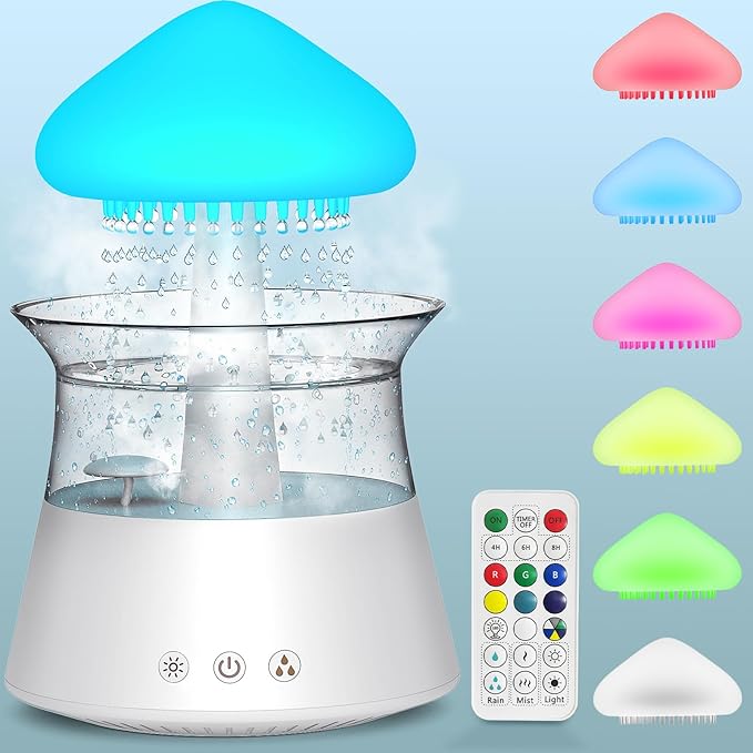 Diffuserlove Cloud Humidifier Rain Water Drip Diffuser Humidifier with Remote Waterfall Lamp Mushroom Humidifier Rain Sounds White Noise Humidifier Air Humidifiers for Bedroom Desk