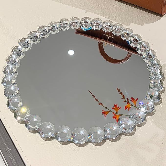 Round 12-Inch Crystal Bead Mirror Tray – Vanity Organizer, Perfume & Jewelry Display, Decorative Silver Tray for Bathroom, Dresser, Coffee Table, Living Room, Office & Hotel Banquet