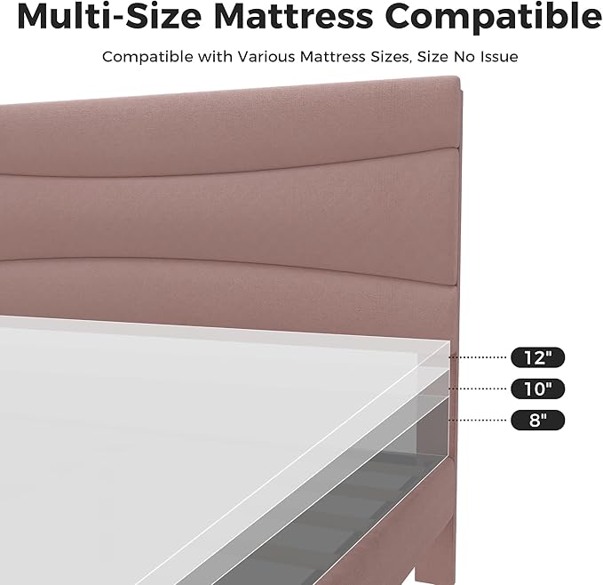GarveeHome Queen Modern Upholstered Bed Frame with Soft Padded Headboard,Sturdy Metal Steel Slat Support, Noise-Free Quiet Design,Easy Assembly,Heavy Duty Stable Bed Frame(Pink)