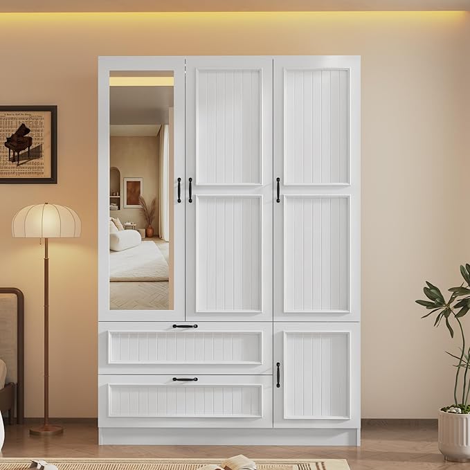 Squireewo Vertical Grooved Style 3 Doors Wardrobe Closet Armoire with Mirrors and LED Lights, 70.3" H Modern Wooden Bedroom Armoires with 2 Drawers, Large Capacity Freestanding Armoire, White