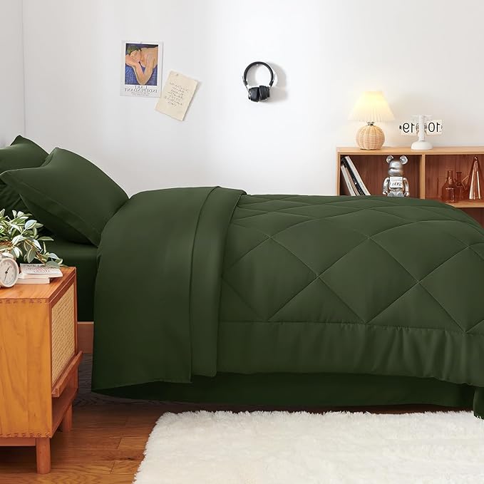 CozyLux Twin XL Comforter Set Olive Green - 5 Pieces Twin Extra Long Bed in a Bag for College Dorm, All Season Bedding Set for Girls and Boys, Soft Bed Set with Comforter, Sheets, Pillowcase & Sham