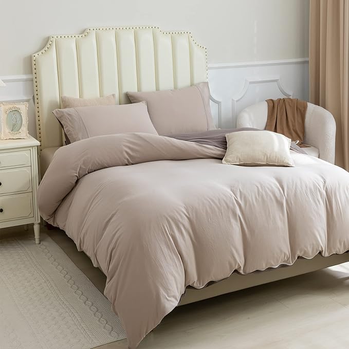 PURE ERA Jersey Knit Duvet Cover Set 100% T-Shirt Cotton Super Soft Comfy 3pc Bedding Set with Zipper Closure (Solid Brown/Dark Beige, King)