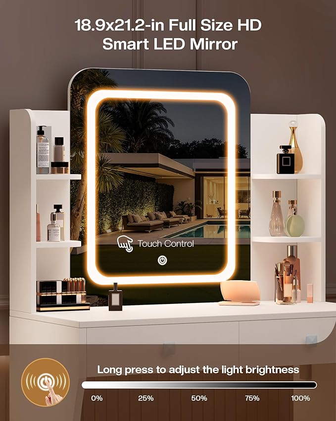 LIVELYGLOW Small Makeup Vanity Desk with Smart LED Mirror & Power Outlet, 29.5" White Vanity Table with Hairdryer Rack, 5 Storage Shelves & 2 Drawers, Compact Dressing Table for Small Spaces