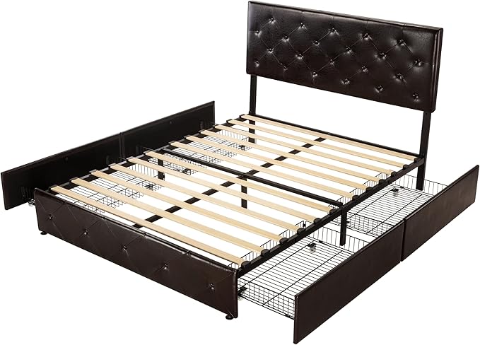 Allewie Upholstered Full Size Platform Bed Frame with 4 Storage Drawers and Headboard, Diamond Stitched Button Tufted, Mattress Foundation with Wooden Slats Support, No Box Spring Needed, Black Brown