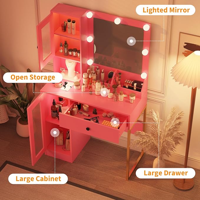 IDEALHOUSE Makeup Vanity Desk with Mirror and Lights, Vanity Table with Charging Station, 2 Open Compartments, 2 Acrylic-Door Cabinets, and RGB Lights Wood Dressing Table for Bedroom