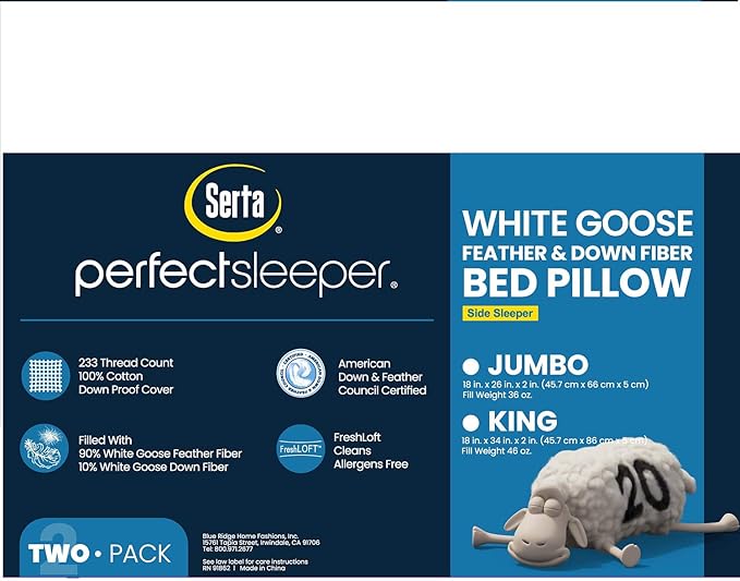 Serta 233 Thread Count White Goose Feather Down Fiber Pillows Medium Firm Jumbo Size Pillows Set of 2 Pack 100% Cotton Hotel Collection Bed Pillow for Side Sleeper