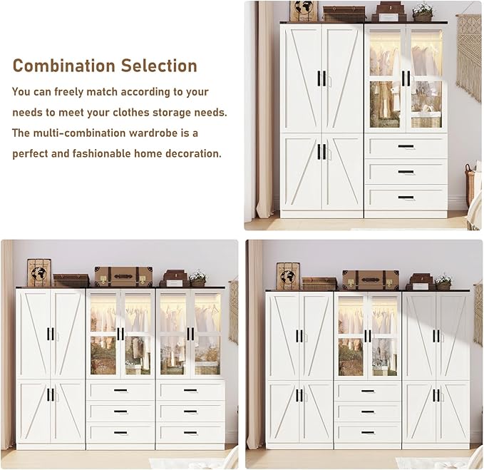 Hlivelood 75" Tall Farmhouse 2 Doors Armoire Wardrobe Closet with LED,Freestanding Closet Wardrobe Cabinet for Bedroom with Hanging Rod,Wooden Armoire Storage Cabinet Adjustable(Rustic Off White)