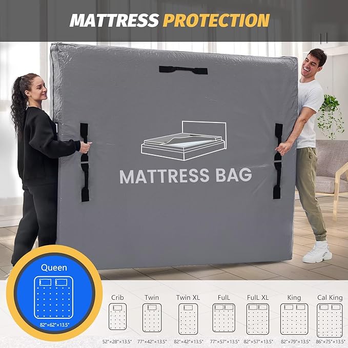 Mattress Bags for Moving and Storage, BETU Queen Mattress Protector Waterproof Mattress Cover with 8 Heavy Duty Handles and Zipper Extra Thick Moving Supplies for Bed (2 Pack:82x62x13.5 Grey)