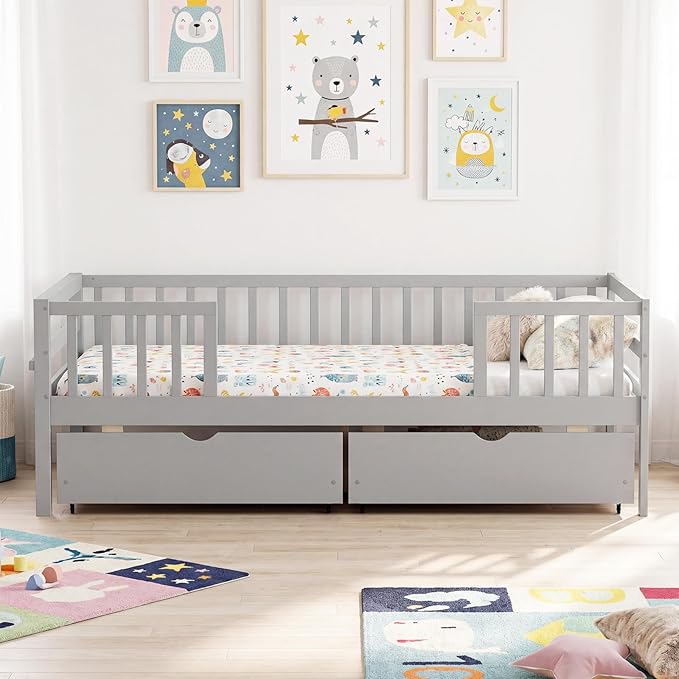 Giantex Full Kids Bed with Storage Drawers, Wood Montessori Bed with Rails & Side Shelf, Low Daybed Bed Frame for Boys Girls, No Box Spring Needed (Grey)