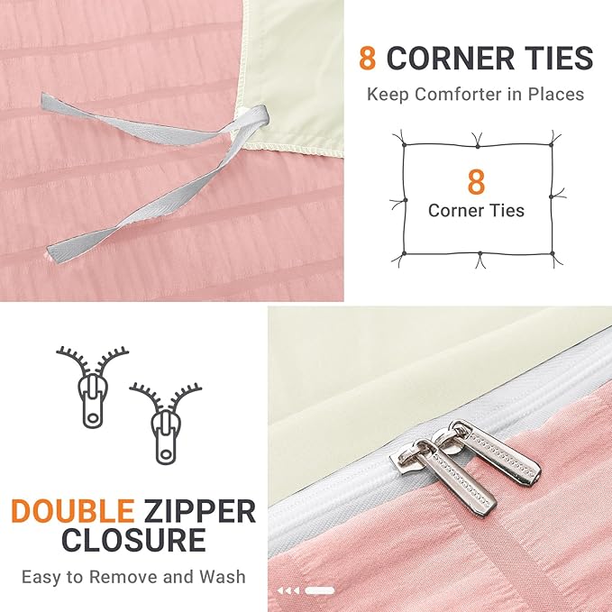 HYMOKEGE Pink/Ivory Duvet Cover King Size, Ultra Soft 3-Piece Seersucker Duvet Cover Set with Zipper Closure, Soft Brushed Microfiber Bedding Set with 8 Corner Ties (104"x90", 2 Pillowshams)