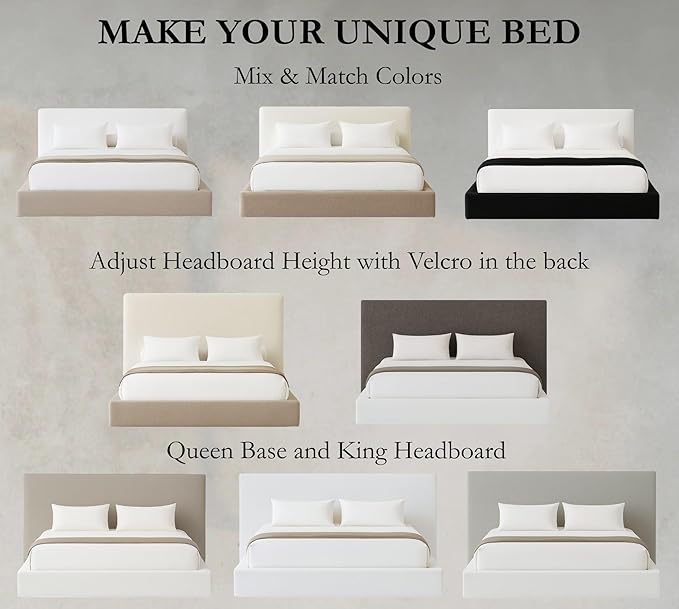 Square Bed – Washable Cover - Soft Upholstered Linen - Minimalist Modern - Sold Separately (Taupe Boucle, Queen Headboard)