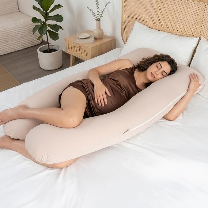 QUEEN ROSE U Shaped Pregnancy Pillow, Breathable Cotton Full Body Support for Maternity, Ivory