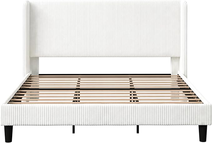 Allewie King Size Bed Frame with Upholstered Wingback Headboard, Vertical Channel Tufted Corduroy Velvet Platform Bed, Strong Wooden Slats Support, No Box Spring Needed,Easy Assembly, No Squeak, White