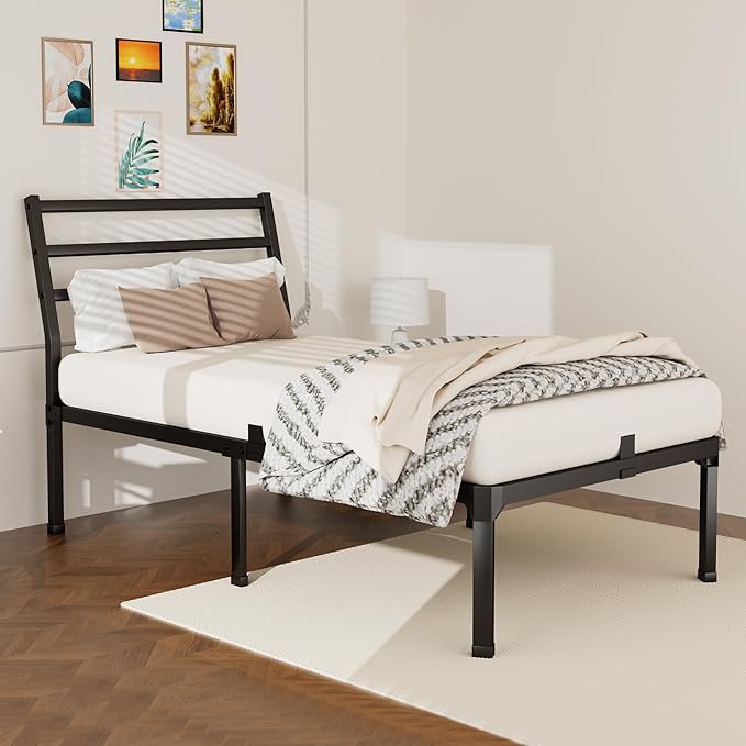 ROIL Twin Size Metal Bed Frame with Headboard, 14inch Black Heavy Duty Platform with Steel Slats Support and Mattress Stoppers, 3500LBS No Box Spring Needed, Easy Assembly Noise-Free