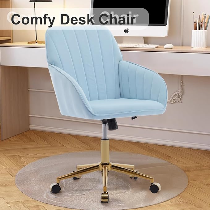 Velvet Vanity Chair with Wheels, Height Adjustable Swivel Makeup Chair, Armless Small Desk Chair for Bedroom/Office/Vanity Table, 250 lbs Capacity (Velvet, Blue-2)