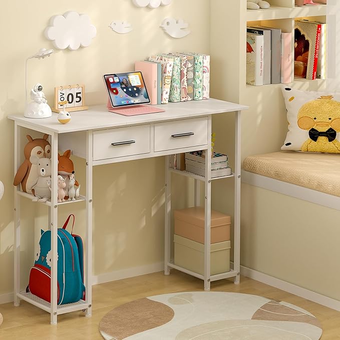 DAOUTIME White Computer Desk with Drawers, 37.3 Inch Home Office Work Desk with Storage Shelf, Kids Teens Study Table for Small Space, Small Writing PC Table for Bedroom Makeup Vanity Desk