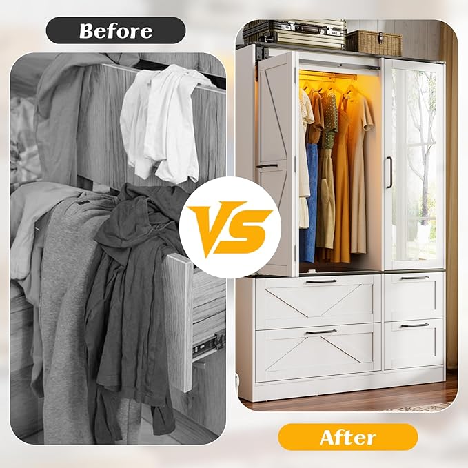 PAKASEPT Armoire Wardrobe Closet with w/Folding Sliding Barn Door, Bedroom Armoires with Mirror and Sensor Lights, Hanging Rod, Wardrobe Closet for Bedroom (9 Doors)