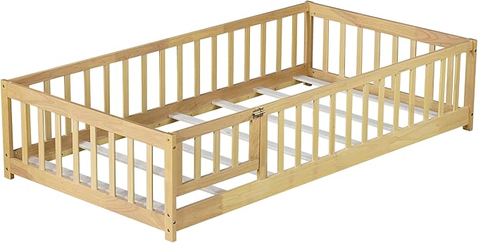 Bellemave Montessori Twin Floor Bed Frame with Fence and Removable Door, Low Profile Twin Size Montessori Bed Frame for Kids, Solid Wooden Floor Beds for Bedroom,Nursery, Natural