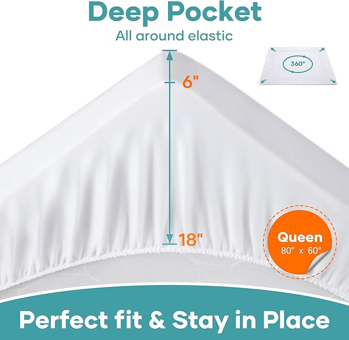 OhGeni 2 Pack Queen Size Mattress Protector, 100% Waterproof, Fitted Sheet with Deep Pockets, 6''-18'', Premium Noiseless Breathable Soft Material, Mattresses Cover for Bed