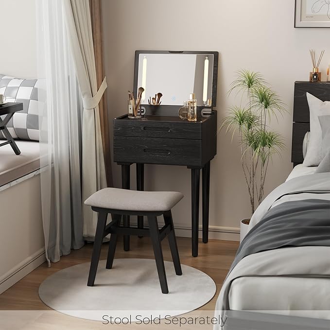 Muwuele Solid Wood Small Vanity Desk with Mirror and Lights, Narrow Makeup Vanity for Small Space, Flip Top Vanity Side Table, 3 Color Modes & Adjustable Brightness, 19.6" Slim Dressing Table, Black