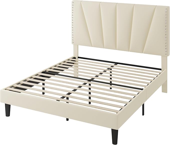 SHA CERLIN Full Size Bed Frame with Adjustable Upholstered Velvet Rivets Headboard, Sturdy Wooden Slats, Strong Platform Support for Mattress, No Box Spring Needed, Easy Assembly, Cream