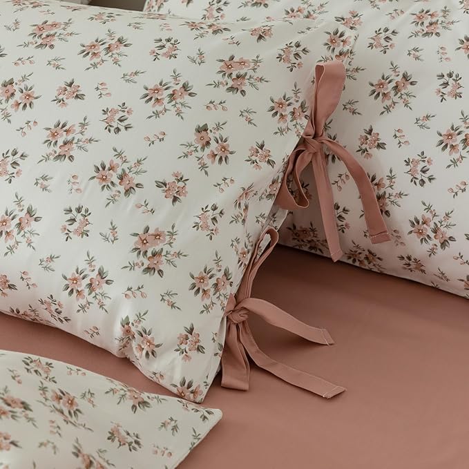 VM VOUGEMARKET Blush Pink Floral Duvet Cover Queen 3 Pieces Cotton Girls Cottagecore Bedding Set,Peach Flower Comforter Cover with Zipper Closure,Vintage Country Bedding 90x90