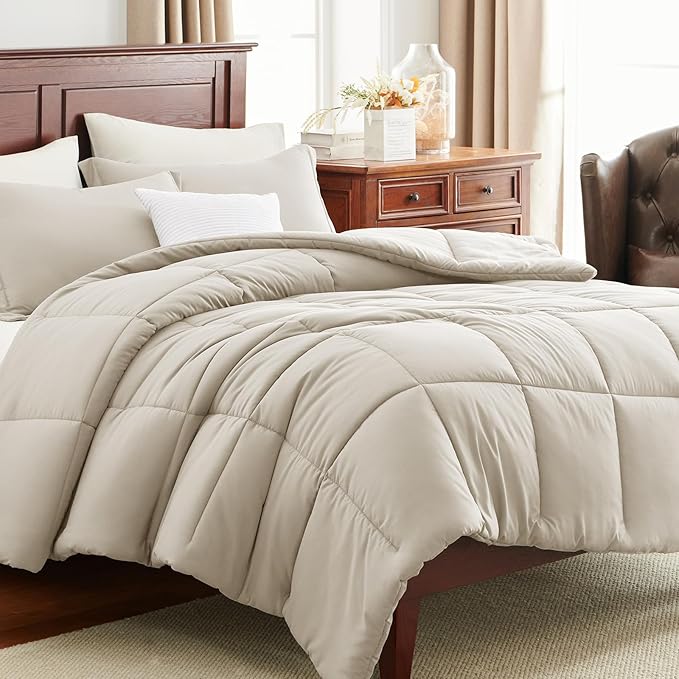 CozyLux Queen Comforter Set - 270GSM Beige Bedding Sets for All Seasons, 3 Pieces Box Stitched Bed Set with 1 Down Alternative Comforter and 2 Pillow Shams, Soft, Lightweight, Breathable