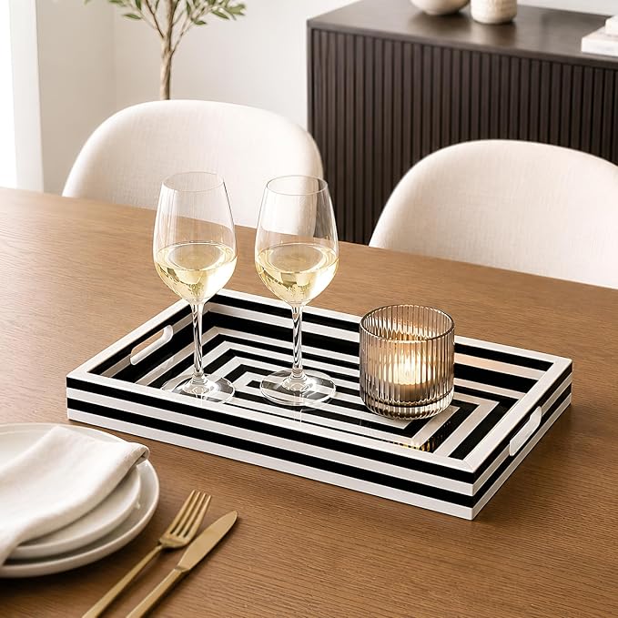 Handicrafts Home Decorative Tray for Coffee Table, Black and White Concentric Ottoman Tray 17 x 11 Inch, Handmade Resin Inlay Centerpiece Tray for Living Room, Modern Serving Tray for Home Decor