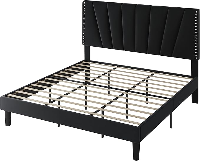 SHA CERLIN King Size Bed Frame with Adjustable Upholstered Velvet Rivets Headboard, Sturdy Wooden Slats, Strong Platform Support for Mattress, No Box Spring Needed, Easy Assembly, Black