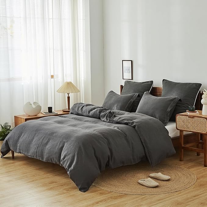 Simple&Opulence 100% Linen Duvet Cover Set 3pcs Basic Style Natural French Washed Flax Solid Color Soft Breathable Farmhouse Bedding with Button Closure - Dark Grey, Queen