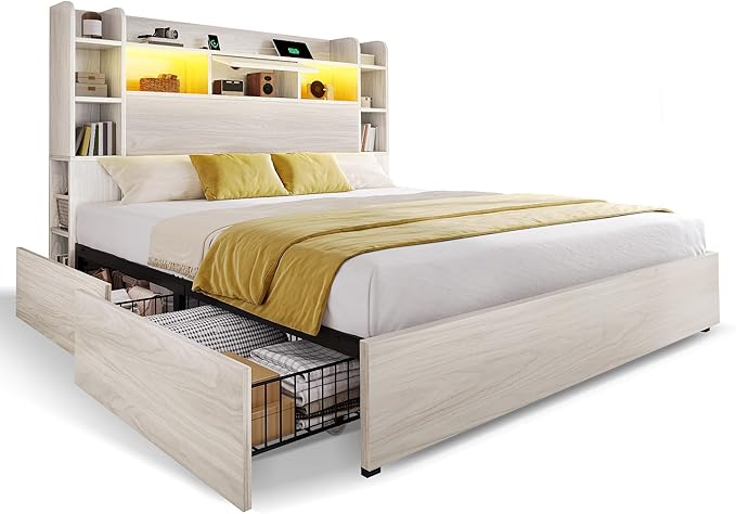 DWVO Queen Size Bed Frame with Bookcase Headboard and 4 Storage Drawers, RGB LED Bed Frame with Type-C & USB Charging Station Storage Headboard Bed, No Box Spring Needed, Noise Free, White Oak