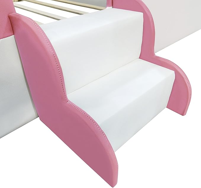 Merax King Size Kids Floor Bed, Daybed Frame with Fence and Stairs, White+Pink Upholstered Wood Bed for Living Room